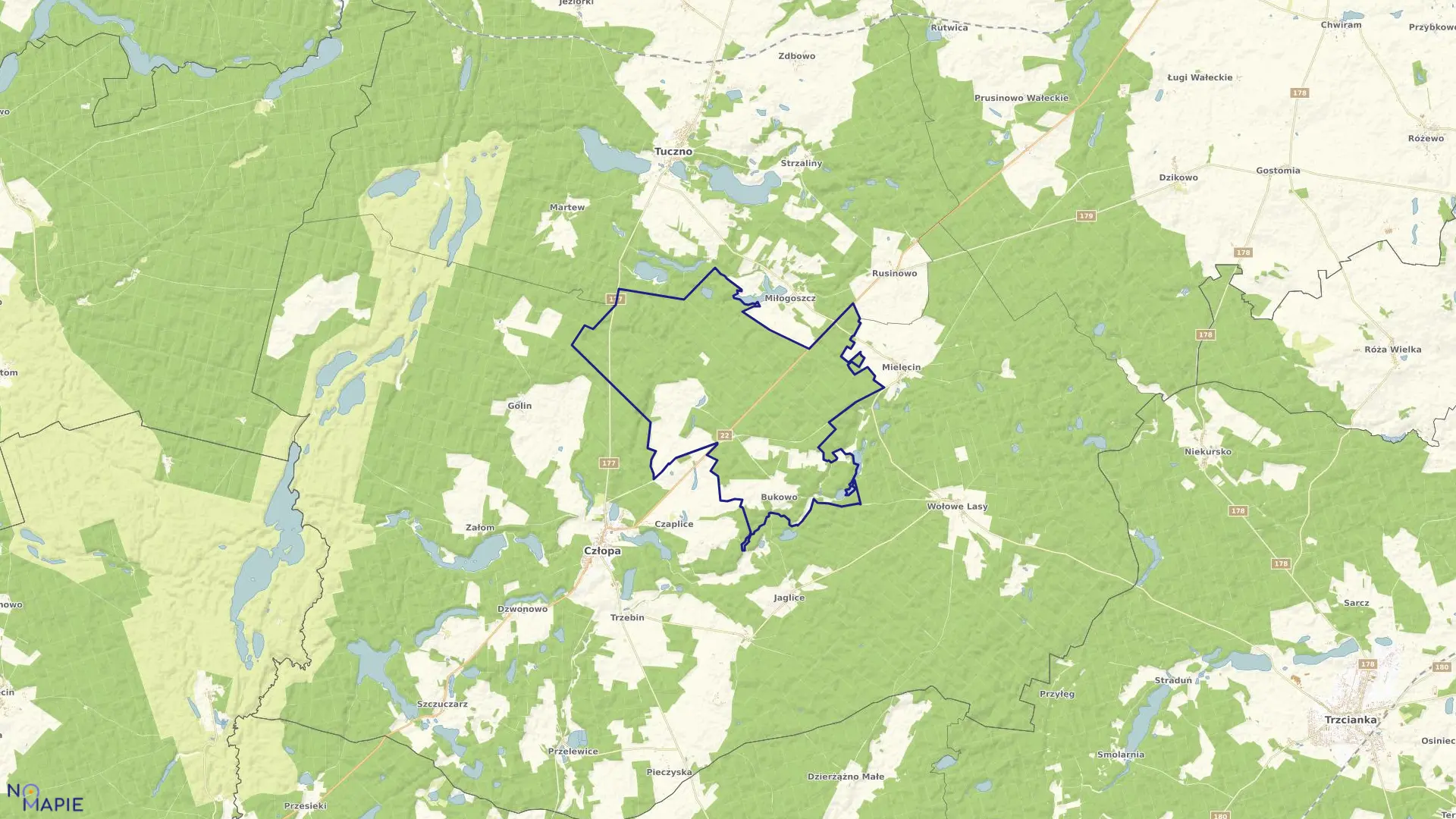 Mapa obrębu Bukowo w gminie Człopa
