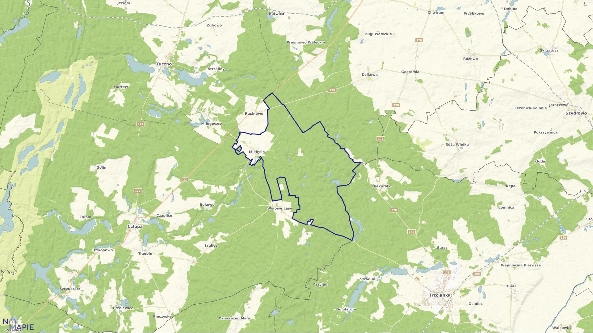 Mapa obrębu Mielęcin w gminie Człopa